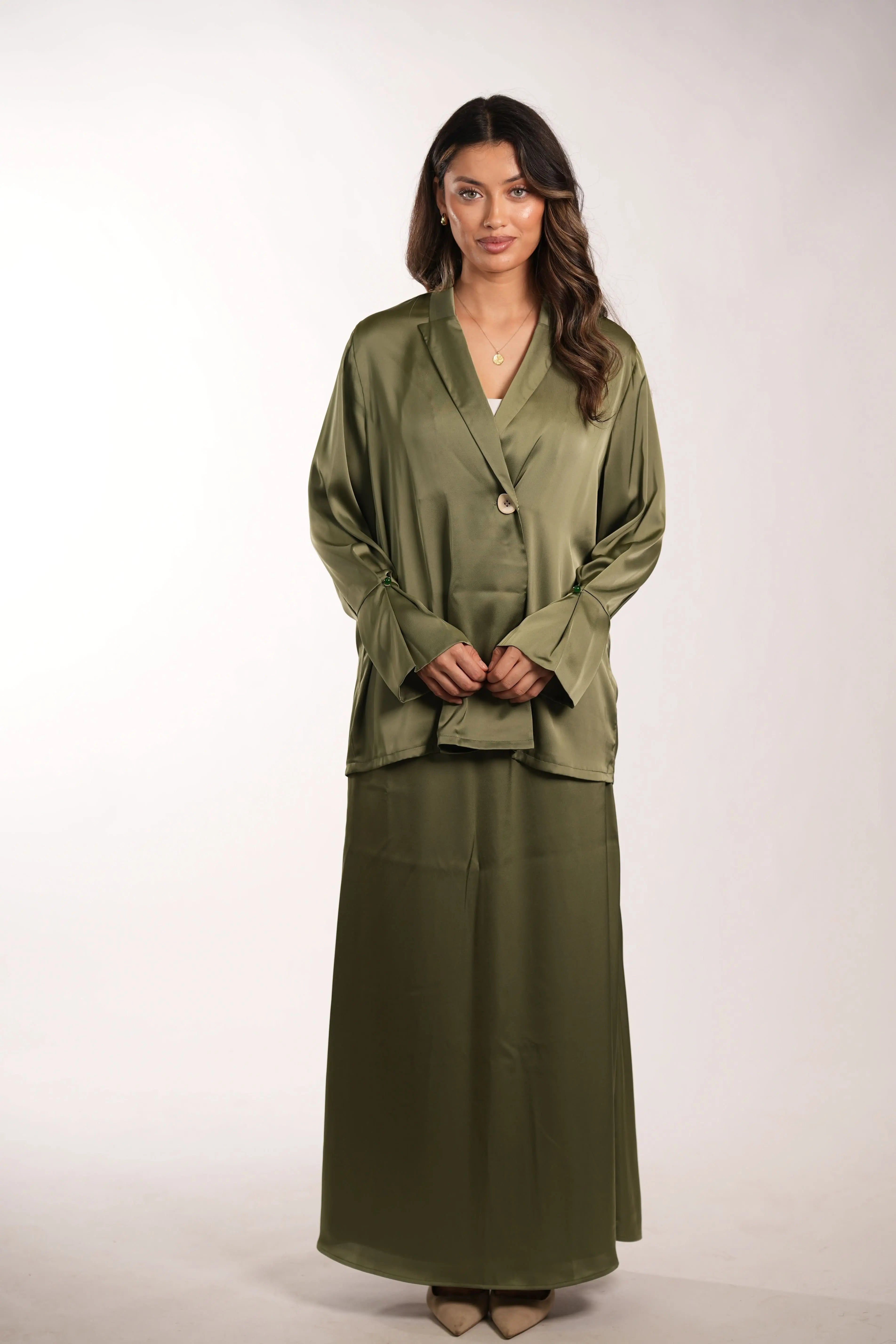 satin silk cardigan - olive Losyana.Shop