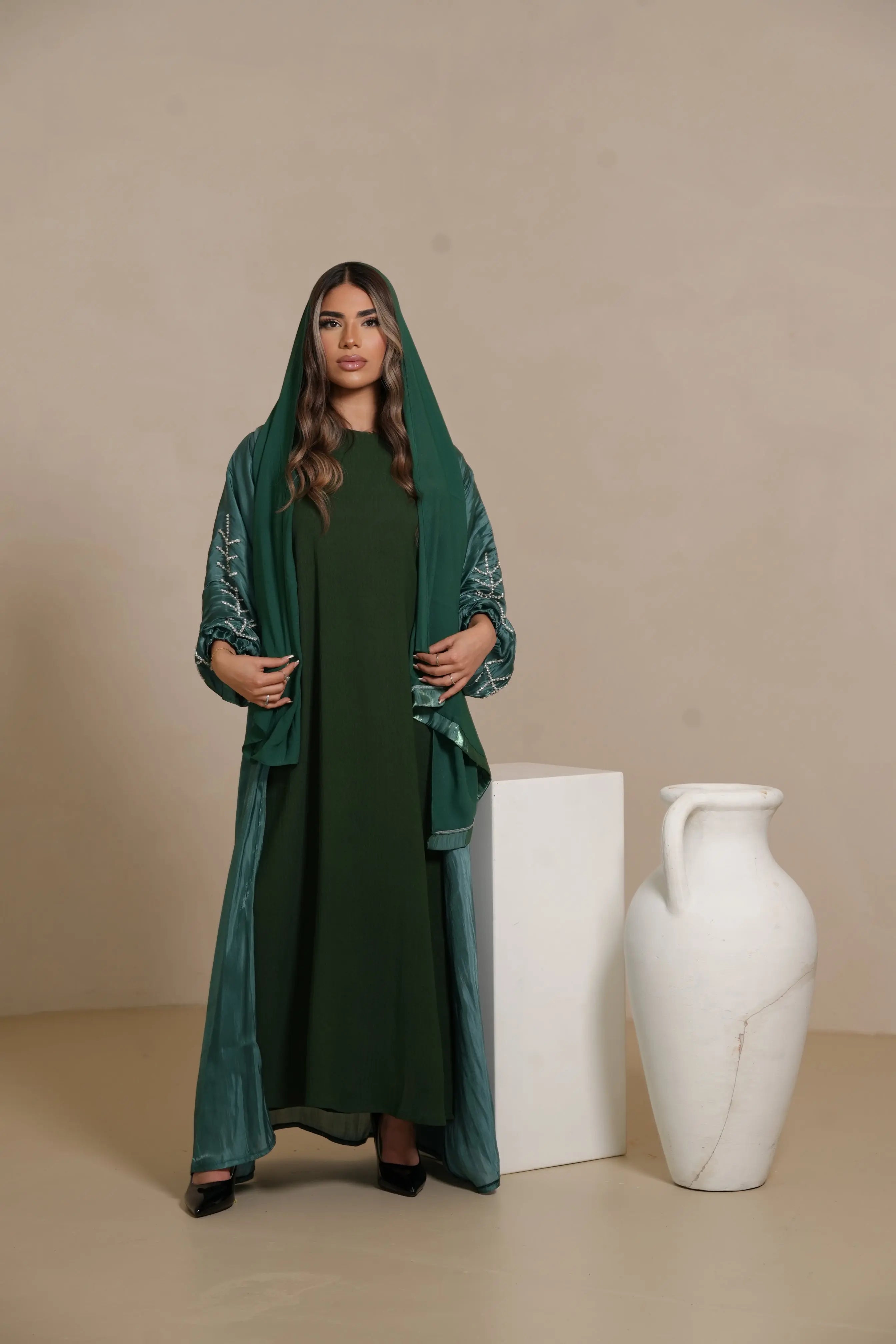Flower Arm Abaya - royal Green Losyana.Shop
