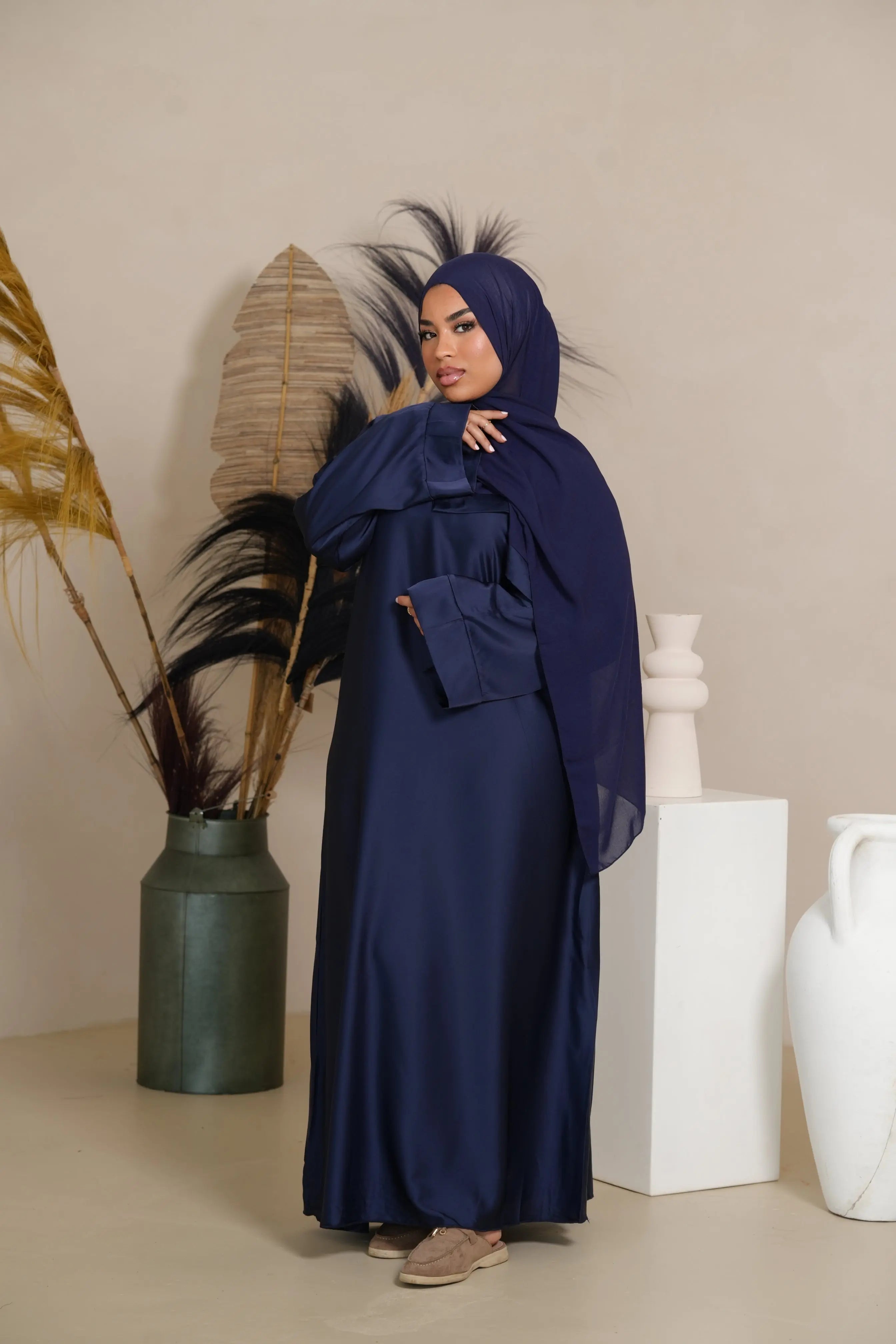 DXB Satin Abaya - Dark Blue Losyana.Shop