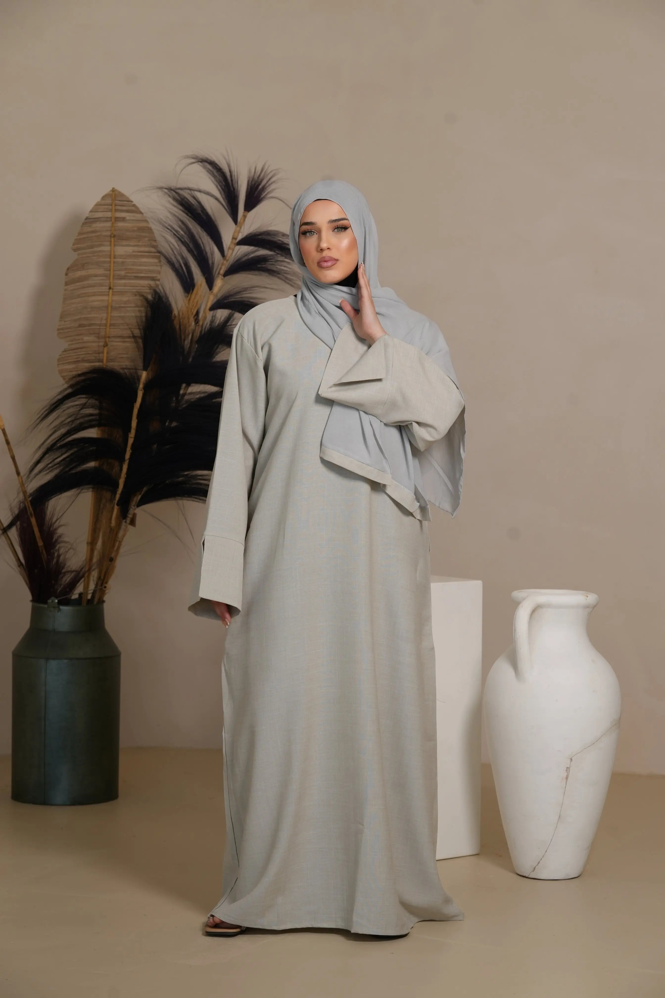 Base Linen Abaya - ashy beige Losyana.Shop