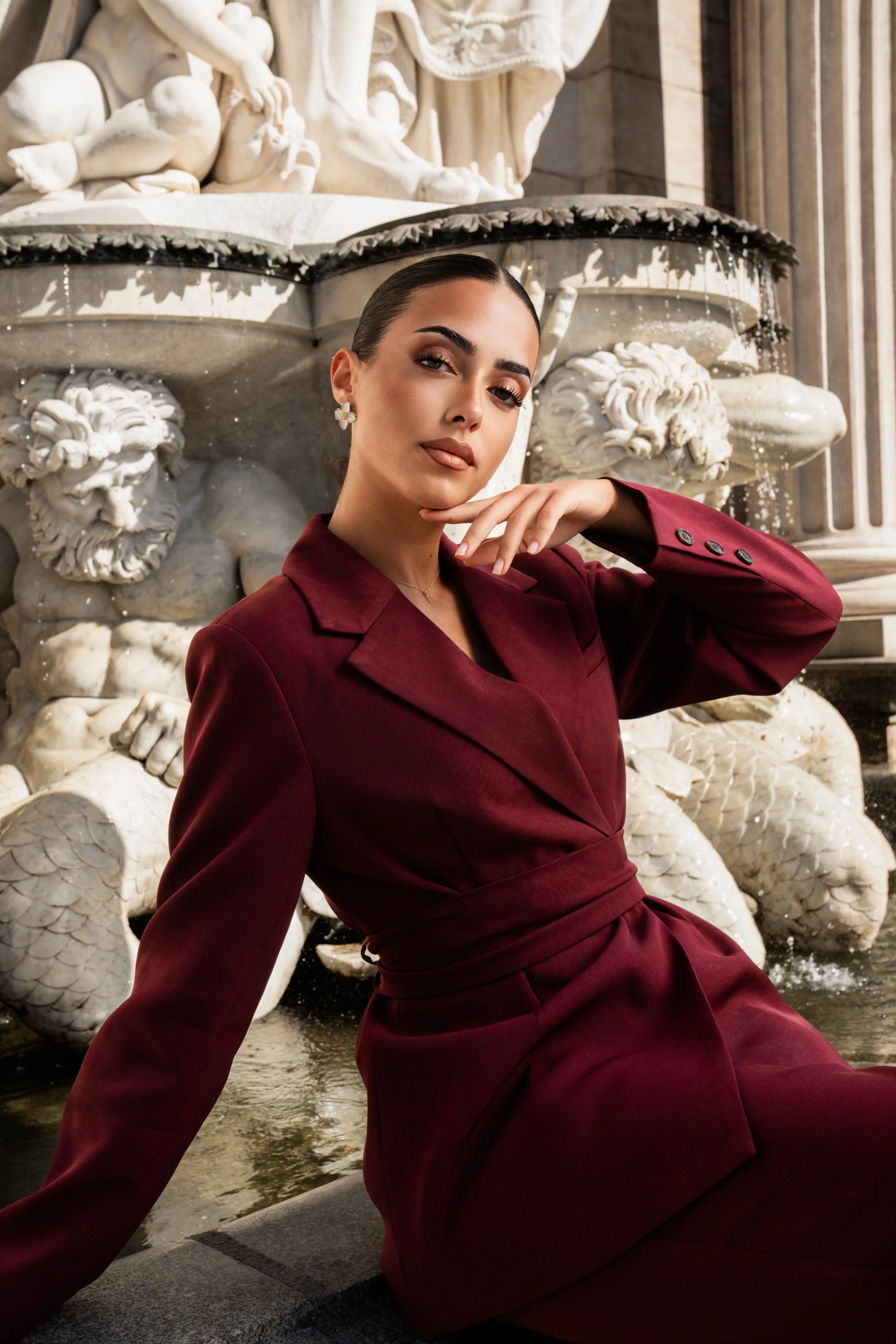 the noble belted blazer - burgundy Losyana.Shop