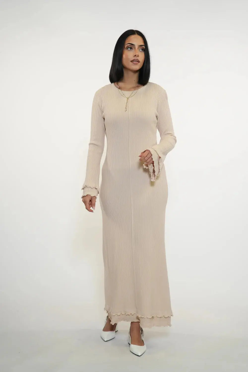 RUFFLED MAXI DRESS - BEIGE Losyana.nl