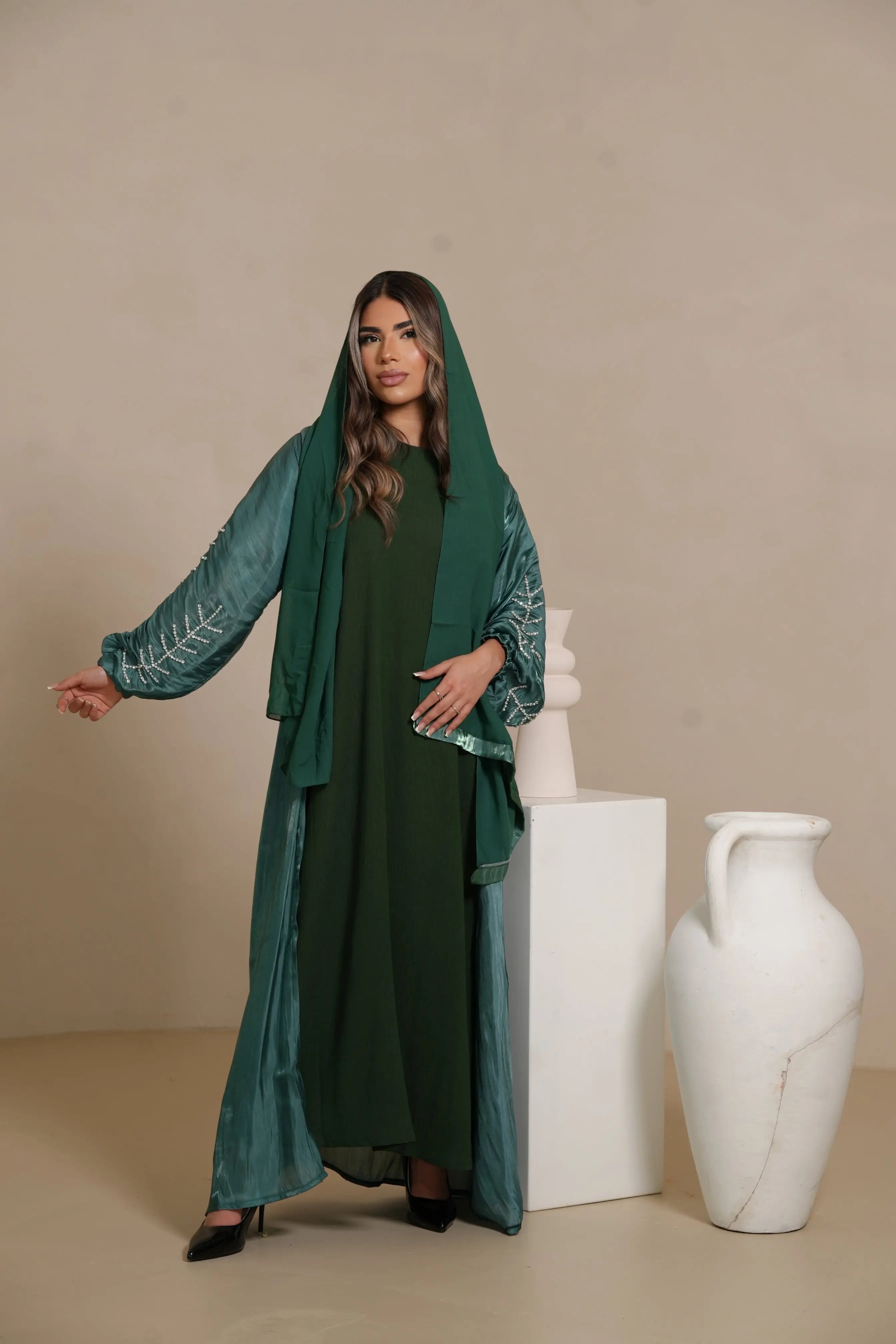 Flower Arm Abaya - royal Green Losyana.Shop