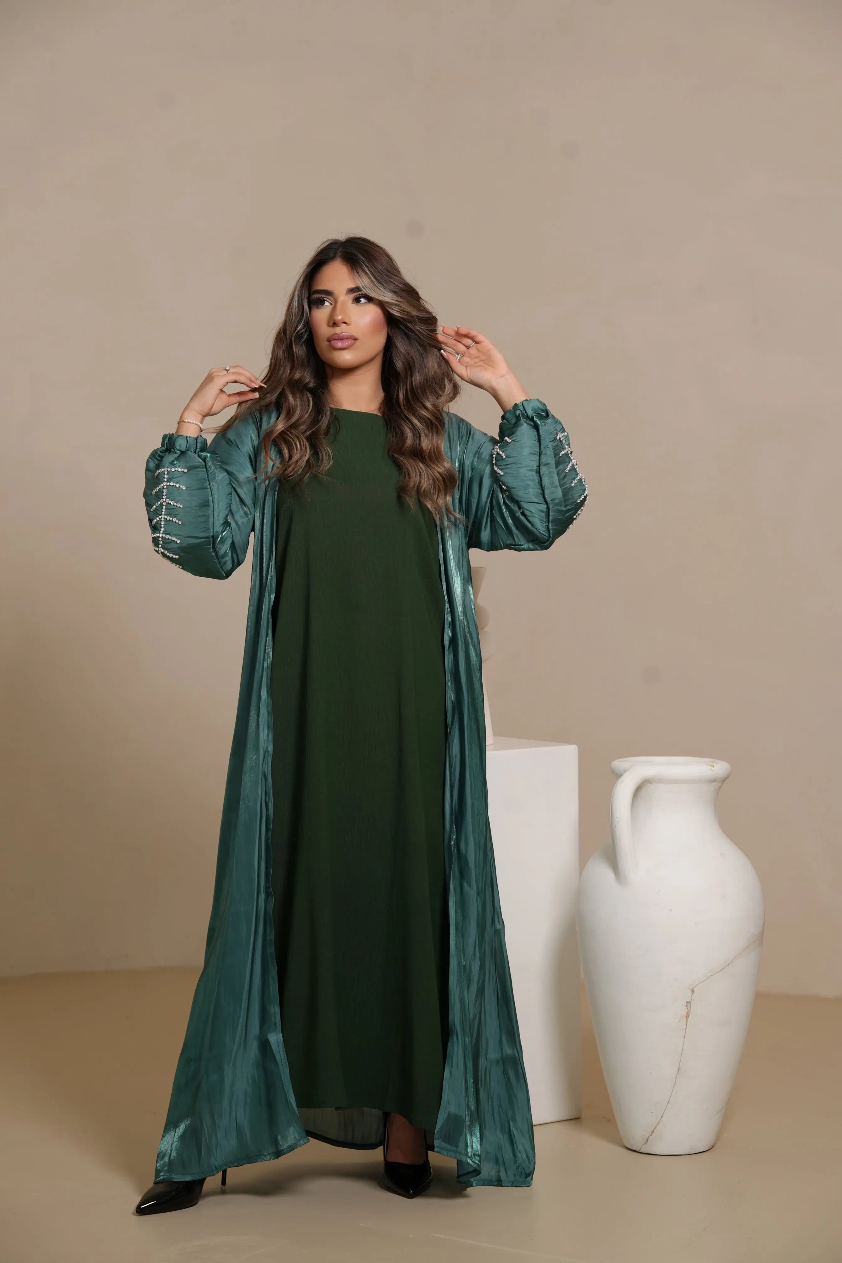 Flower Arm Abaya - royal Green Losyana.Shop